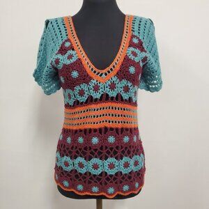 Vintage Moda International Womens Y2K Boho Crochet Top Size S Coachella Festival